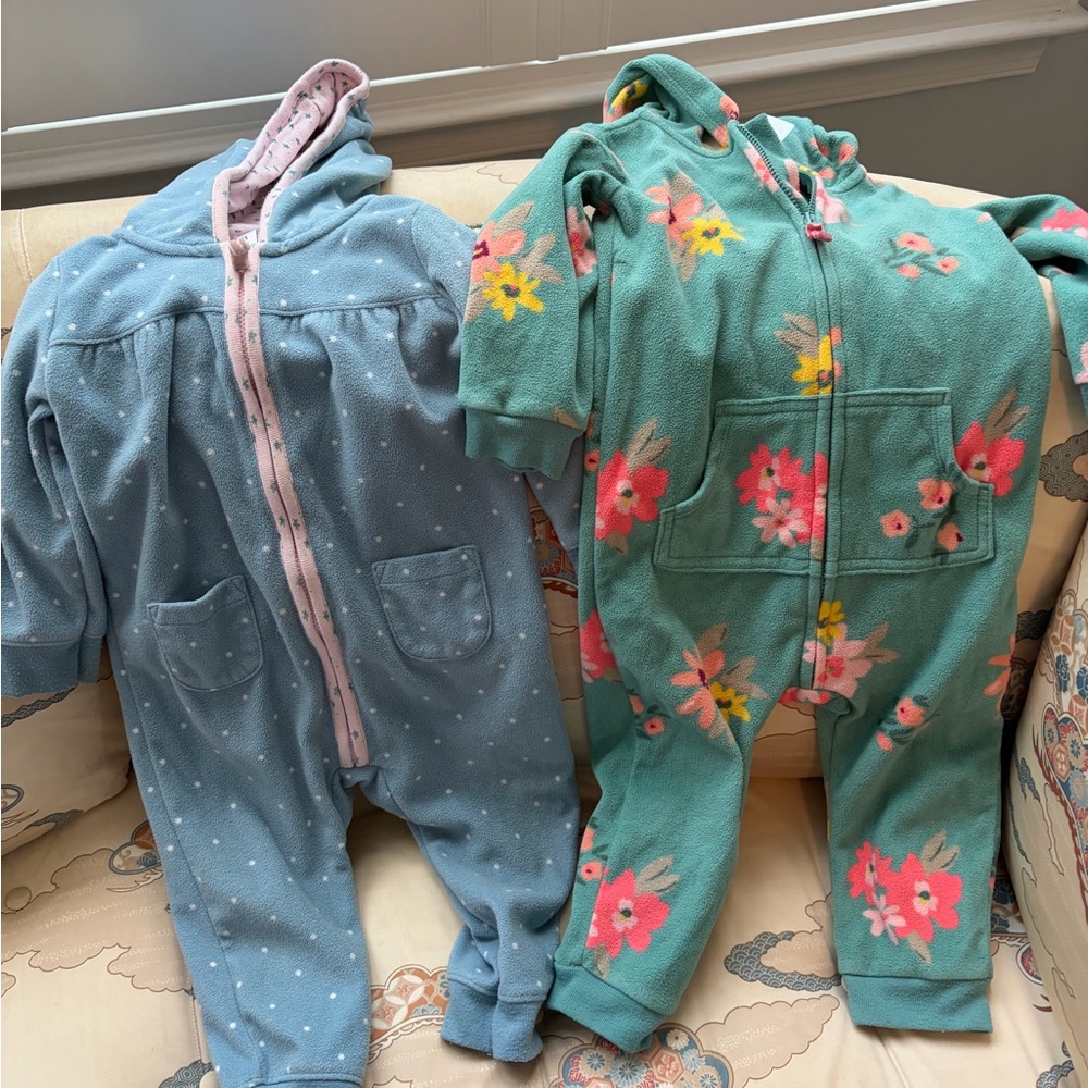 Carters Fleece Hooded One-Piece Onesies- Blue Polka Dot & Teal Floral